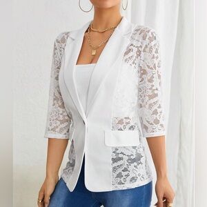 S Women Lace Single Button Shirt Open Front Lapel Neck Long Sleeve